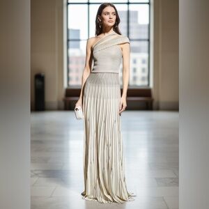 NWT ST. JOHN Striped Ottoman Pleated One Shoulder Gown Cream/Black Size 4